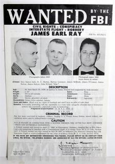 1968 Original James Earl Ray FBI Wanted Poster Martin Luther King Jr