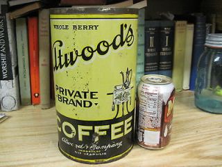 VINTAGE 3 POUND ATWOODS COFFEE TIN CAN OLD 1920S ATWOOD CO
