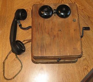 Antique Wooden Hand Crank Telephone Wood Phone w/ Handset & Crank 5