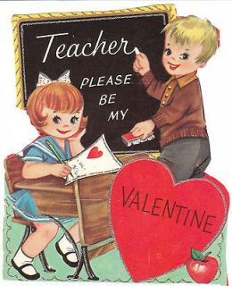 Vintage Valentine Card Children Old Fashioned School Desk Silver Trim