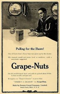 1908 Ad Uncle Sams Navy Boy Grape Nuts Postum Cereal   ORIGINAL