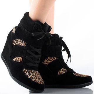 Black Brown Leopard Suede Animal Print Wedge Heel Sneakers Trainers