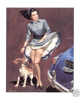 ARTHUR SARNOFF pinup print   spaniel dog and woman with skirt blown
