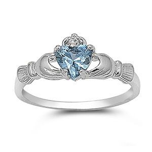 Aquamarine Heart Claddagh Sterling Silver Ring   9mm   Sizes 5  10