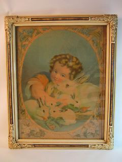 ANTIQUE CARVED FRAME HALLETT & CO COLOR LITHOGRAPH PRINT BUNNIES