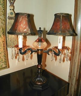 Art Deco Style~Deep Bronze Finish 2 Lt Candelabra Lamp w/Crystal