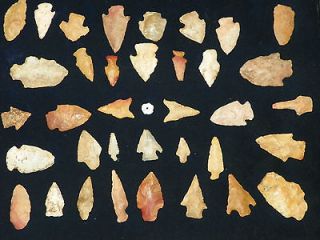 Lot 37 Indian Arrowheads Artifacts w/ 16X12 Glass Case Dalton Bone