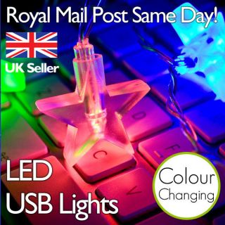 Colour Changing USB Fairy Light Stars, 10 LED RGB Christmas Lights for
