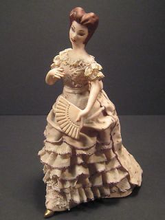 Vintage Victorian Woman Lady Figurine Lacey w/Fan Signed Ceramic