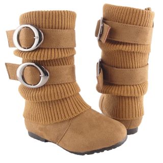 Girls Ruched Mid Calf Faux Suede Knitted Fabric Slouchy Flat Boots