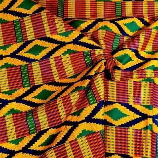 Diamond Geometric African Kente Cloth Cotton Fabric, Red Gold Green