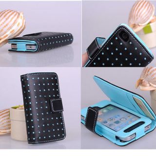 New Blue Dot Wallet Leather Card Holder Pouch Case Cover For iPhone 4#
