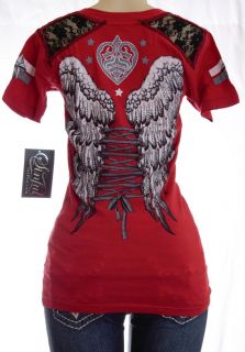 SINFUL BY AFFLICTION BOUND RED V NECK T SHIRT TEE WITH LACE   S2746