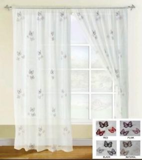 PAIR (2 CURTAINS) VOILE CURTAINS COLOURED EMBROIDERED BUTTERFLYS