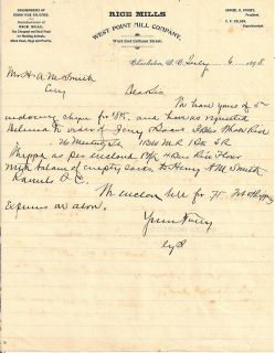 1898 Charleston, S.C. Rice Mills Letter