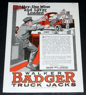 1918 OLD PRINT AD, WALKER BADGER TRUCK JACKS, POWERFUL