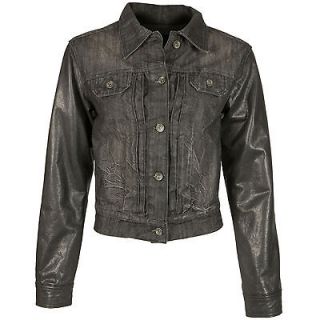 VIPARO Black Washed Denim Jacket with Leather Sleeves   Lucy