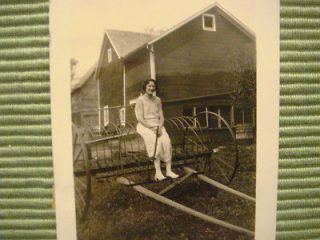 1920 Vintage Photograph Lady On Farm Hay Rake Rack Drag By Barn