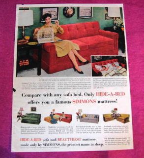1954 VINTAGE AD SIMMONS BEAUTYREST HID E A BED SOFA COLOR