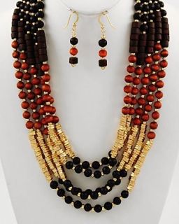 Autumn Dyed Wood Bead Necklace Gold Tone Fire Silver Tone Water Brown
