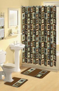 Brown Blocks 17 Piece Bath Rug Shower Curtains Hooks Towel Set