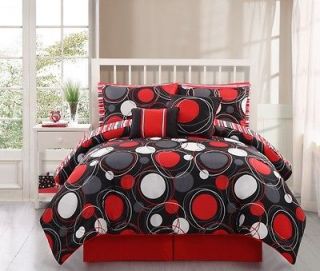 10pc Oneil Bed in a Bag Comforter Bedding Set Black / Red Circles