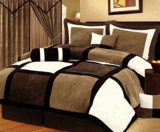 Piece FULL size Black Brown Beige Bed in a Bag Suede Comforter Set