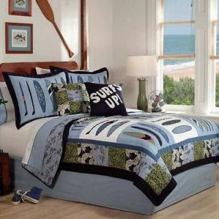 Blue and Green Surf Board Beach Wave Twin Size Boy Bedding Set