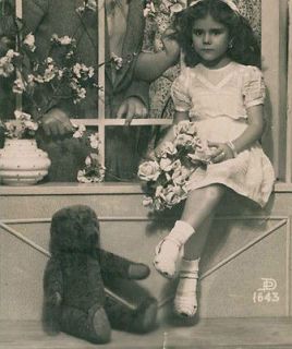 Old real photo postcard GIRL with antique TEDDY BEAR Schuco