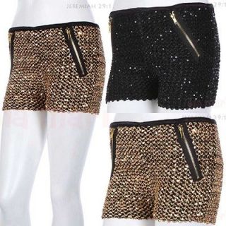 Glitter Sequins Shiny Mini Shorts with Front Zipper Trim Stretchable