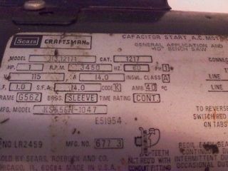 Craftsman 10 Tablesaw Induction Motor 1 HP 14 Amp #113.12171 Peak 2HP
