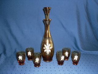 BEAUTIFUL MURANO ART GLASS 8 PC 22 KT GOLD & PANSY APPLIED DECANTER