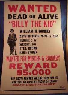OR ALIVE FOR MURDER BILLY THE KID POSTER Bank Robber Robbery 1800