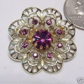 Vintage Purple Amethyst Rhinestone Filigree Flower Pin/Brooch