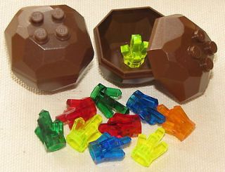 LEGO BROWN ROCK BOULDER WITH ASSORTED JEWELS JEMS CRYSTALS TREASURE
