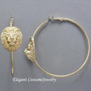 BIG 2 3/4 Lion Head Gold Hoop Earrings Elegant Costume Jewelry