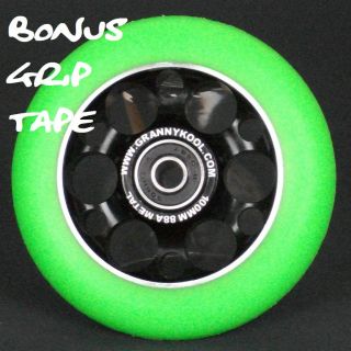 Black Green Drilled Metal Core Scooter Wheel + ABEC 11 bearings + Grip