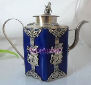 Tribe Tibetan Silver Carved Dragon Blue Porcelain Teapot Monkey Lid