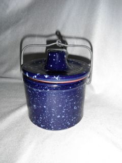 Country Primitive Look Blue Speckled Spread Cheese Crock   Sealed