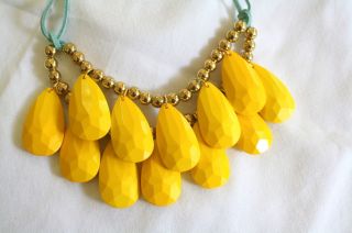 Stormy golden yellow aqua leather gold tone beads necklace NeW