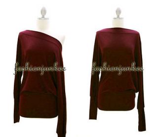 DARK RED Sweater LONG SLEEVE Knit Top Shirt Off the Shoulder Boat Neck