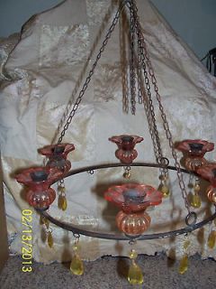 Vintage Pink Glass Hanging Candle Chandelier