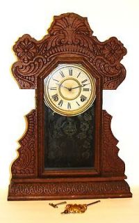 CIRCA 1890 FANCY OAK GINGERBREAD CLOCK, INGRAHAM CLOCK CO. BRISTOL