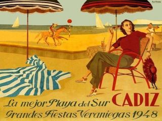 1948 Cadiz Lady Beach Horse Sail boat Fashion Hat Vintage Poster Repo