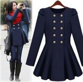 Collarless Wool Double Breasted Fitted Flared Trim Pleats Pea Coat