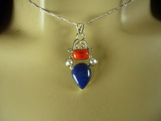 BLUE LAPIS LUZULI GEMSTONE PEARL&CORAL ACCENTS STERLING SILVER PENDANT