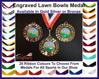 ENGRAVED MALE LAWN BOWLS BOWLING GREEN ROSETTE MEDAL WITH RIBBON