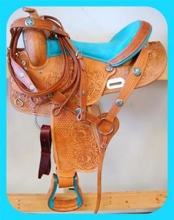 17 TURQ BLUE Western TEXAN STAR Horse Show Barrel Saddle Bridle