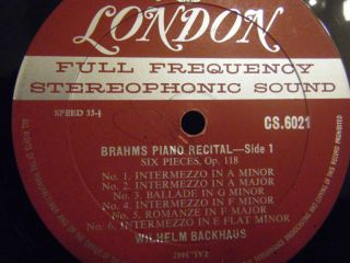 BRAHMS PIANO RECITAL BACKHAUS LONDON BB FFSS CS 6021 1E