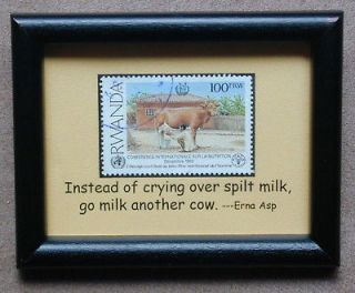 Framed Postage Stamp Art   Milking cow   Animals